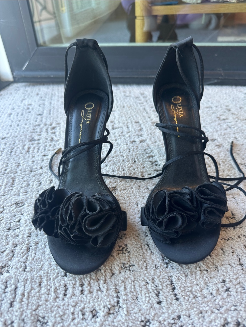 Olivia Miller Black Floral Ankle-Tie Heels